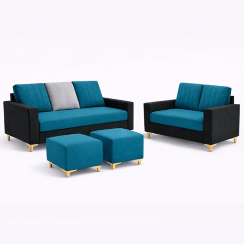 Image of Hendrick Plush Velvet 3 Seater + 2 Seater Sofa Set with 2 Ottoman | Silken Velvet Upholstery | Golden Legs | Designer Set for Living Room & Office Spaces (Black, Aqua Blue & Light Grey)