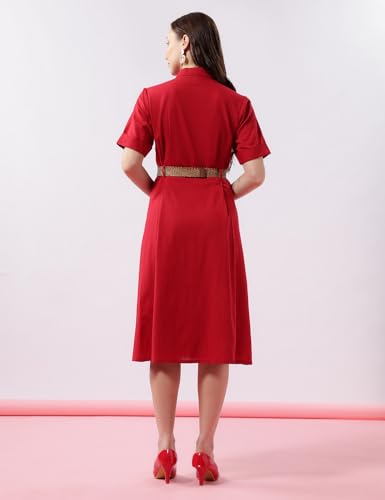 Image of FYLTR Women's Solid Midi Dress - 100% Cotton | Half Sleeve | Western Dress for Women | Office wear Dress (Belt Included)