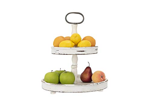 Creative Co-Op Distressed Cream Wood 2-Tier Tray with Metal Handle - Image 3