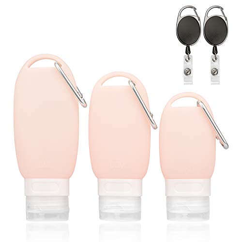 3 Pack Portable Silicone Travel Bottles Set, Empty Container with Hook Carabiner, Refillable Leak Proof Hand Sanitizer Bottles for Liquid, Toiletries Travel Accessories, Gift 2pcs Keychain Carrier
