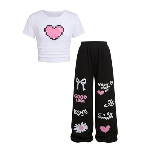 Image of Girls Clothes 2 Piece Cute Pixel Heart-Print Top Graffiti-Print Pants Sets | Trendy Y2K Inspired Outfit with Fitted Top and Wide Leg Bottoms, Casual Streetwear for Teens Girls 7-14Y
