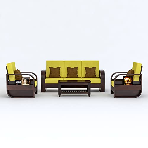 Image of Douceur Furnitures Solid Sheesham Wood 5 Seater Sofa | Five Seater Sofa Set for Living Room, Cafe, Office | (Walnut Cushion Lime Yellow)