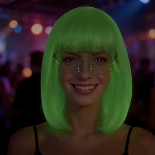 Image of ANOGOL White Bob Wig Women Glow In Dark Fluorescent Green Wigs