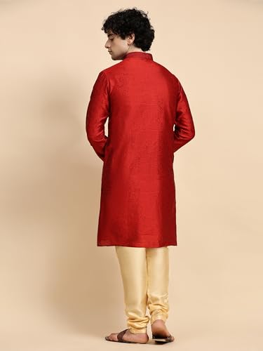 Image of SKAVIJ Men's Dupion Art Silk Ethnic Wear Kurta Pyjama (Red, X-Large)