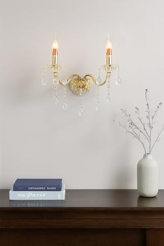 TEKHOME Applique da Muro Classica in Cristallo 2 Luci, Portalampada E14, Lampada da Parete Stile Candelabro, Vari Colori E35 (ORO)