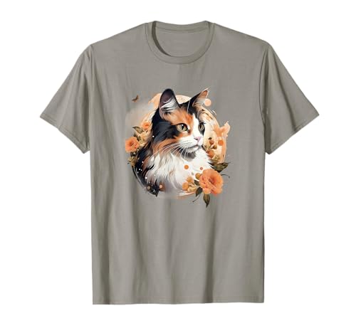 Womens Girls Kids Floral Beautiful Flowers Calico Cat Lover T-Shirt