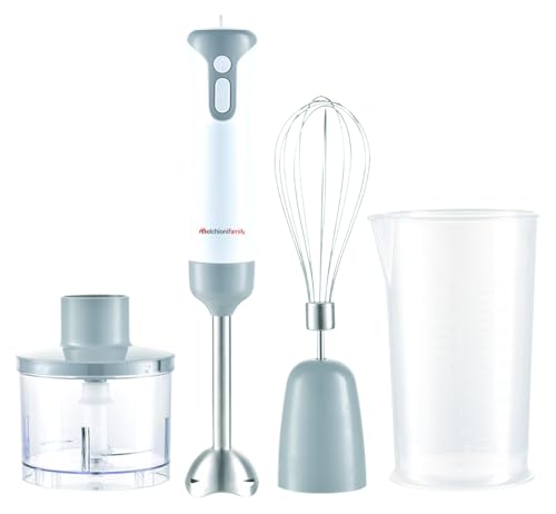 Melchioni Family | Frullatore a Immersione MIXXXO TRIO, Piede in Acciaio Removibile, Minipimer Immersione a 2 Velocità, Lame in Acciaio, Tritatutto da 500ml, Fruste e Bicchiere Graduato, 400W