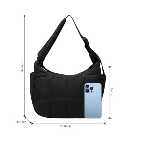 Image of Small Puffer Crescent Underarm Shoulder Bag for Women, Nylon Quilted Purses Handbags with Adjustable Strap, Black