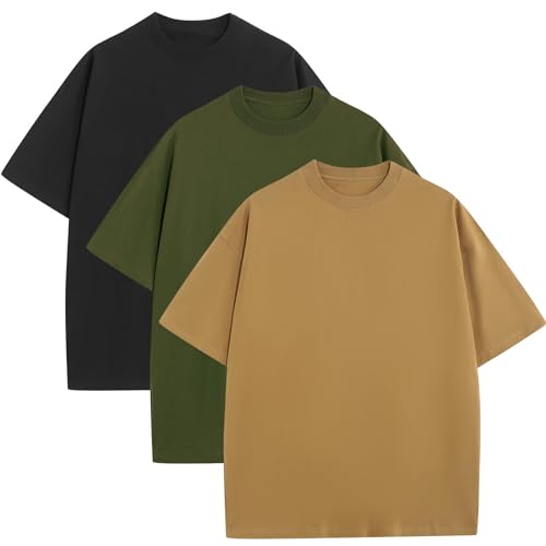 3 Pack Mens Oversized T-Shirts Fashion Loose Fit Crewneck Tshirt Streetwear Heavyweight Short Sleeve Tee Shirt Gym Workout Tops(KKAGBK,2XL)