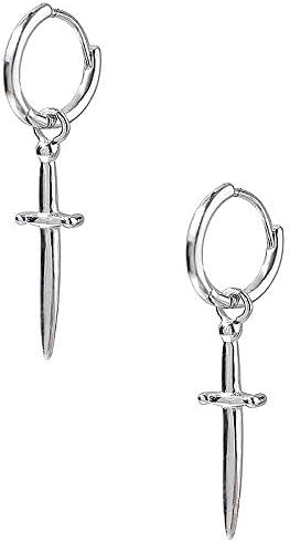 Vintage Cross Sword Dangle Small Hoop Earrings for Women Girls 925 Sterling Silver Dagger Drop Dangling Personalized Huggie Hoops Fashion Party Halloween Christmas Jewelry