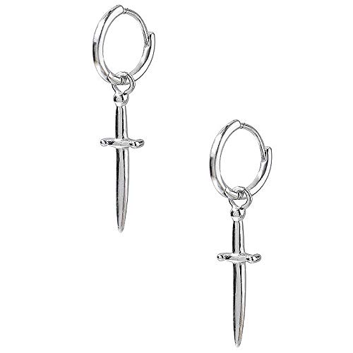 Vintage Cross Sword Dangle Small Hoop Earrings for Women Girls 925 Sterling Silver Dagger Drop Dangling Personalized Huggie Hoops Fashion Party Halloween Christmas Jewelry