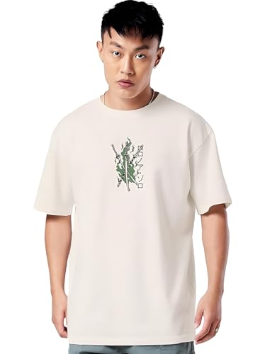 Image of Darkbuck Anime Oversized Tshirt for Men and Women Drop Shoulder Loose Baggy Fit Off White Unisex Pure Cotton T-Shirt Roro Zo