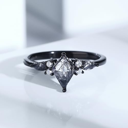 Black Rutilated Quartz Bridal Wedding Ring Sets - Personalized Engraved Engagement Rings for Women Gothic Kite Cut Promise for Her Wife Fiancée3