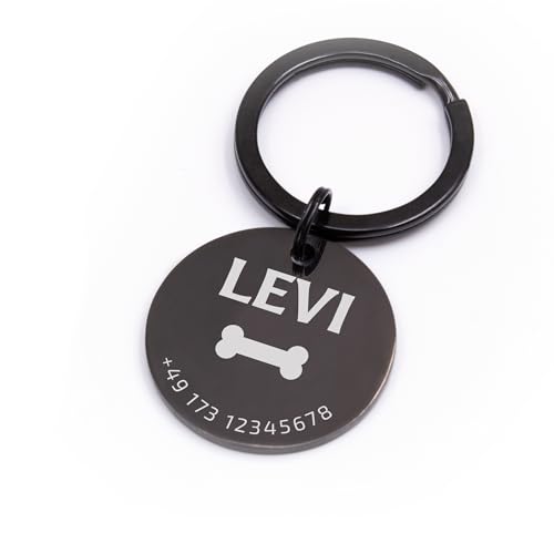 FELLSOCKE Personalisierte Hundemarke aus Edelstahl - 25mm | 30mm | 35mm, Individuell gravierbar, Robuste Tiermarke, Dogtag Anhänger Hunde, Pferde, Katzen & Welpen (Schwarz, 25 mm)