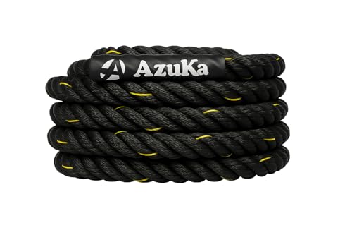 AZUKA® Battle Rope for Home & Gym - 1.5" Diameter x 20 FT - Heavy Duty Polypropylene Exercise Rope with Grip, Strength Training, and Conditioning Tool - Black with Yellow Highlights