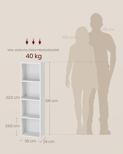 VASAGLE Custos Kollektion - Bücherregal, 4-stöckiges Regal, offenes Aufbewahrungsregal, mit verstellbaren Ablagen, 24 x 30 x 106 cm, für Wohnzimmer, Homeoffice, Schlafzimmer, wolkenweiß LBC434W01