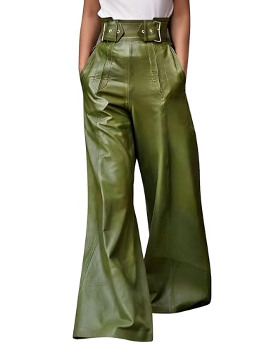 oshoplive Women's Faux Leather Pants PU High Waist Wide Leg Pants with Pockets Pleated Going Out Flare Trousers,Green XL