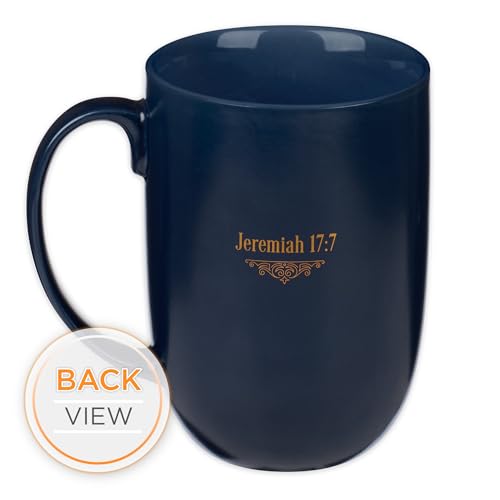 Image of Christian Art Gifts Ceramic Large Coffee & Tea Mug for Men & Women: Blessed is the One Who Trusts - Jeremiah 17:7 Inspirational Bible Verse w /Golden Accents & Sturdy Handle, Navy Blue, 15 fl. oz.