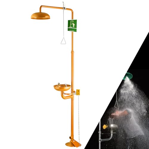 Stazione di Emergenza per Lavaggio oculare e Doccia, Dispositivo di Sicurezza in Acciaio Inox con attivazione a Pedale, Ideale per fabbriche, Laboratori e Aree di Lavoro Esterne.