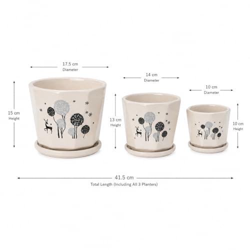 Image of Xtore Elegant Botanical Ceramic Planter Set with Drainage Saucers | Decorative Indoor Flower Pots for Living Room, Balcony, Office Desk & Tabletop Gardening (Set of 3, Ivory Beige - Planters only)
