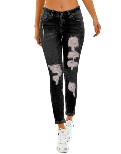RHODANTHE Women's Ripped Boyfriend Jeans Stretch Trendy Distressed Skinny Jean Denim Pants