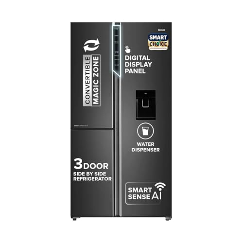 Haier SmartChoice 592L 3Star 3-Door Water Dispenser Side by Side Frost Free Refrigerator|Convertible|Smart Sense AI|Inverter|Digital Display Panel (2025 Model, HRT-683WGKU1, Graphite Black)