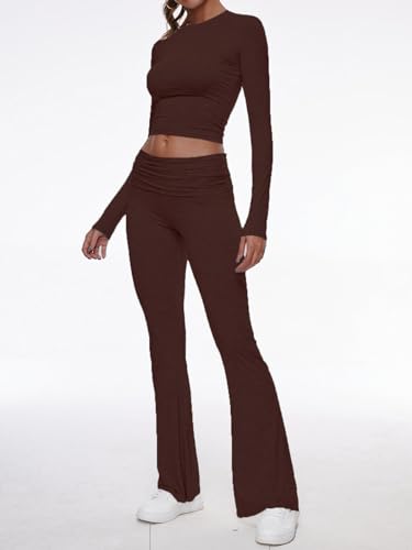 Image of AnotherChill Women's Long Sleeve Top Foldover Flare Pants Lounge Set | 2 piece cropped shirt and slim flare trousers comfy loungewear, soft modal casual matching sets, travel airport outfits