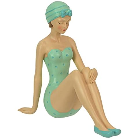 Things2Die4 Vintage Bathing Beauty in Teal and Blue Polka Dot Swimsuit Statue, a Nostalgic Art Piece - 8.25 Inches Long - Capturing The Elegance of a Bygone Era at The Beach, Seated Sunbather Pose Cover