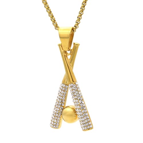18K Gold Plated Iced Out Stainless Steel Baseball Bat Pendant Necklace