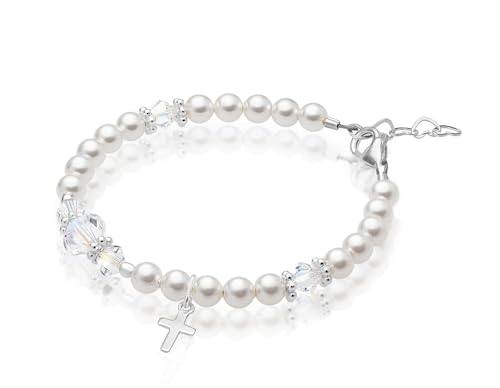 Image of Baby Crystals White Pearl Personalized Bracelets for Girls, Sterling Silver Initial Cross Charm Bracelet, Christening, Communion Baptism Gifts for Girl, Birthday Gifts, Girls Jewelry