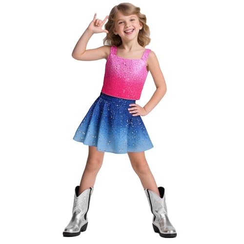 ASAOHAO Girls Sparkly 2 Pieces Outfit Kids Crop Top and Skirt Set Music Party Dress Blue 6-7 Years