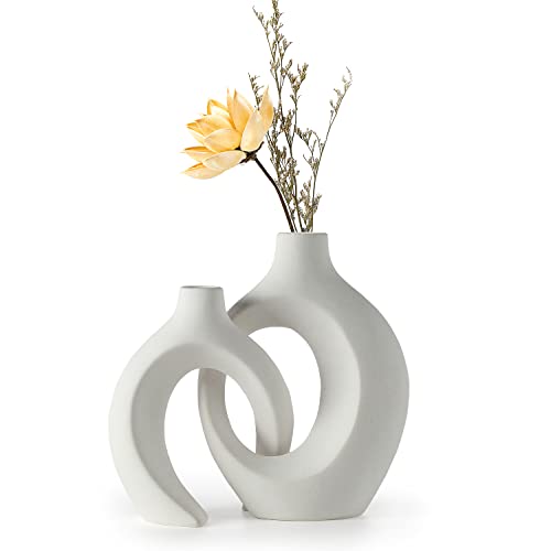 White Hollow Ceramic Vase Set of 2, Unique Round Modern Vase for Nordic Minimalist Style Decor, Donut Boho Aesthetic Vase for Coffee & Kitchen Table, Pampas Grass Living Dining Room Decoration