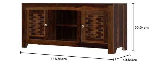Image of Sheesham Wood Entertainment TV Unit Cabinet with 2 Door and 2 Shelf Storage for Home Living Room Solid Wooden Furniture for Hall & Office Decor - (Brown Finish)