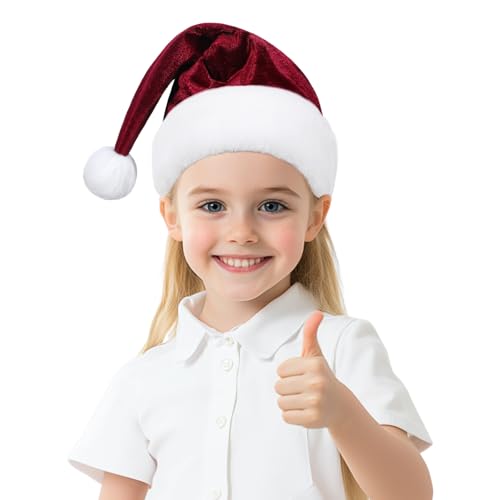 JKSVE Santa Hat for Kids, Velvet Christmas Hat with Pom Pom for Holiday Parties, Burgundy