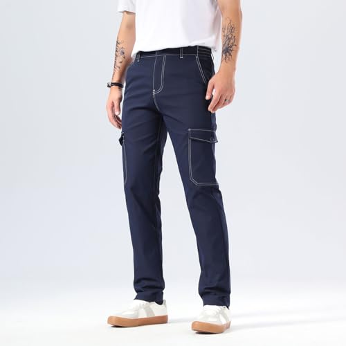 Plaid&Plain Mens Cargo Pants Slim Fit with Contrasting Topstitching and Multi-Pocket2