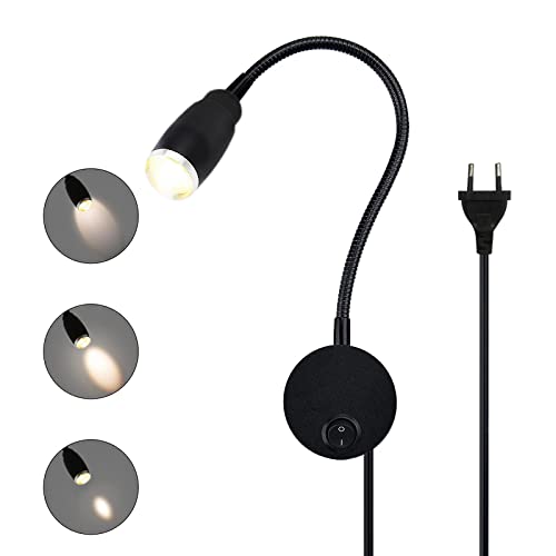 Leselampe Bett Wandmontage Einstellbarer Fokus Flexible Schwanenhals Wandleuchte LED Wand Leseleuchte mit Stecker und Schalter, 3W Bettleuchte aus Aluminium für Schlafzimmer, Bett, 3000K (Schwarz)