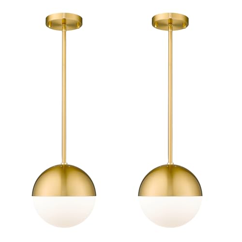 LMS 2-Pack Brushed Gold Pendant Lights, Modern Pendant Light with Milky Globe Glass Shade, Adjustable Hanging Lighting Rod for Kitchen Island Dining Room Bedroom, LMS-186BG2PK
