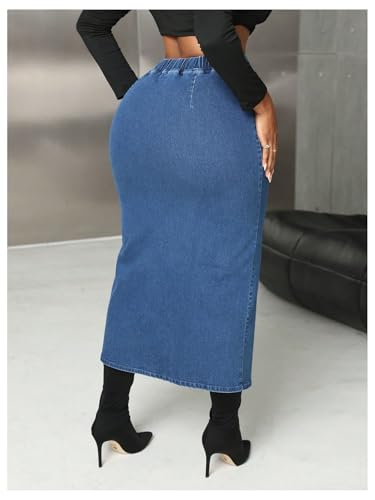 MakeMeChic Women's Plus Size Denim Skirt Elastic Waist Drawstring Ruched Split Hem Vintage Midi Jean Skirts2