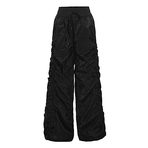 Womens Casual Solid Color Cargo Pants Loose Elastic Belt Waist Pants Long Trousers Fashion Pleated Desigh (Black, L)2