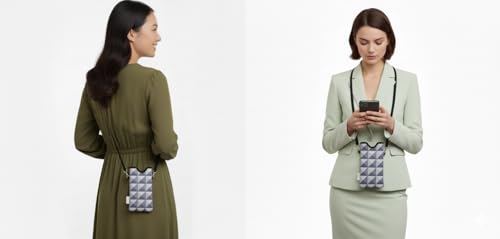 Image of Tainada Neoprene Crossbody Neck Phone Sleeve Pouch (Silver Gray Geometric) | Lightweight small cellphone pocket holder case bag w /adjustable strap; Original design, made in Taiwan; Fits most smartphones