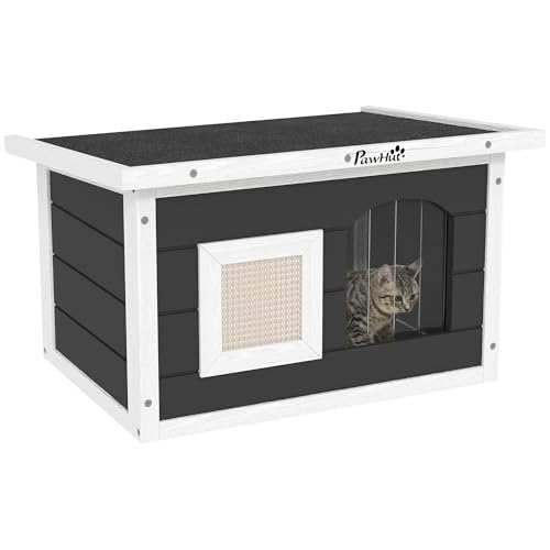 PawHut Katzenhaus aus Holz wasserdicht Katzenhütte mit klappbar Asphaltdach Kratzmatte herausnehmbar Boden Katzenhöhle Katzenkiste Katzenbox Outdoor...