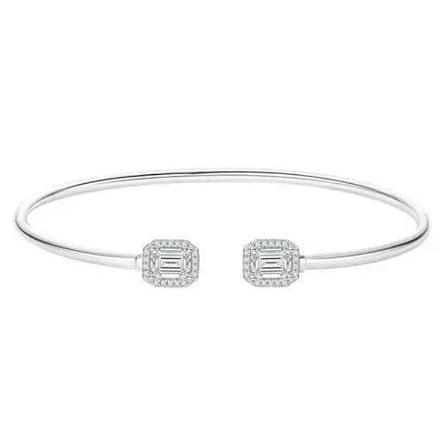 Emerald Cut Halo Style White Diamond Cuff Bangle Bracelet for