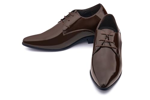 Image of CALTO Men's Invisible Height Increasing Elevator Shoes - Chocolate Brown Patent Leather Lace-up Formal Dress Oxfords - 2.8 Inches Taller - K2727 - Size 8 D(M) US