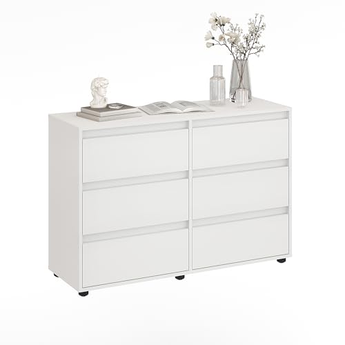 Komto Commode Blanche 6 Tiroirs – Meuble Rangement Chambre Adulte, Chiffonnier Salon | Linoa 6S 120 x 40 x 81 cm
