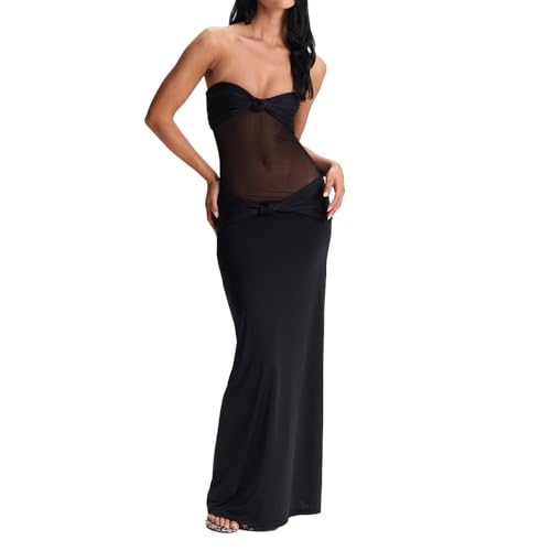 Image of Women Sheer Maxi Dress Detachable Spaghetti Straps Knotted Twist Bodycon Long Dresses Party Cocktail Wear