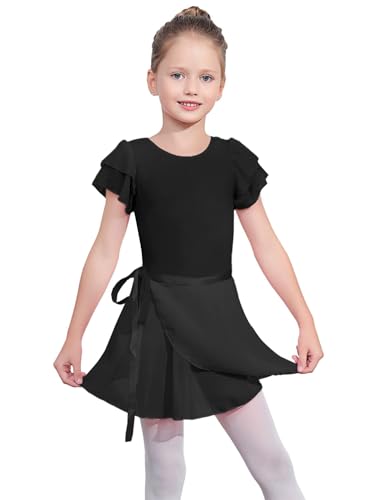 Image of EQSJIU Ballet Leotards for Girls with Removable Skirt Combo Tie Ruffle Sleeve Ballet Dance Dress Outfit 2-12 Years