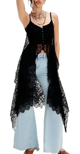 UAURORAO Women Maxi Lace Top Spaghetti Strap See Through Flowy Long Camisole Sleeveless Floral Sheer Layering Tops