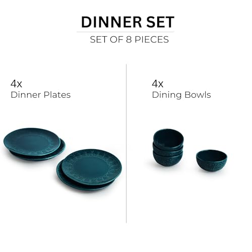 Image of ExclusiveLane 'Teal Forest' Hand-Glazed Ceramic Dinner Set Ceramic (8 Pieces, Serving for 4, Microwave Safe)|Dinnerware Set Dinner Plates for Dinner Plates and Bowls Set Plate for Dinner