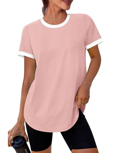 Image of Womens Workout Tops Summer Short Sleeve Shirts Athletic Color Block Gym Clothes Outfits Sun Protection UPF 50+ T Shirts