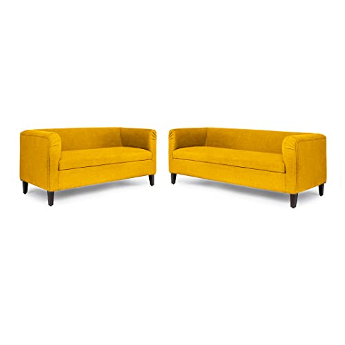 Image of Wakefit Miami 5 Seater Sofa Set for Living Room | Chrome Yellow, Neem Wood, Modern Classic Style, 3+2 Seater, 3 Years Warranty